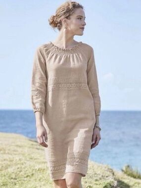 J. Jill Love Linen Beige Flax Lace Shift Dress Size Large Pockets Lagenlook